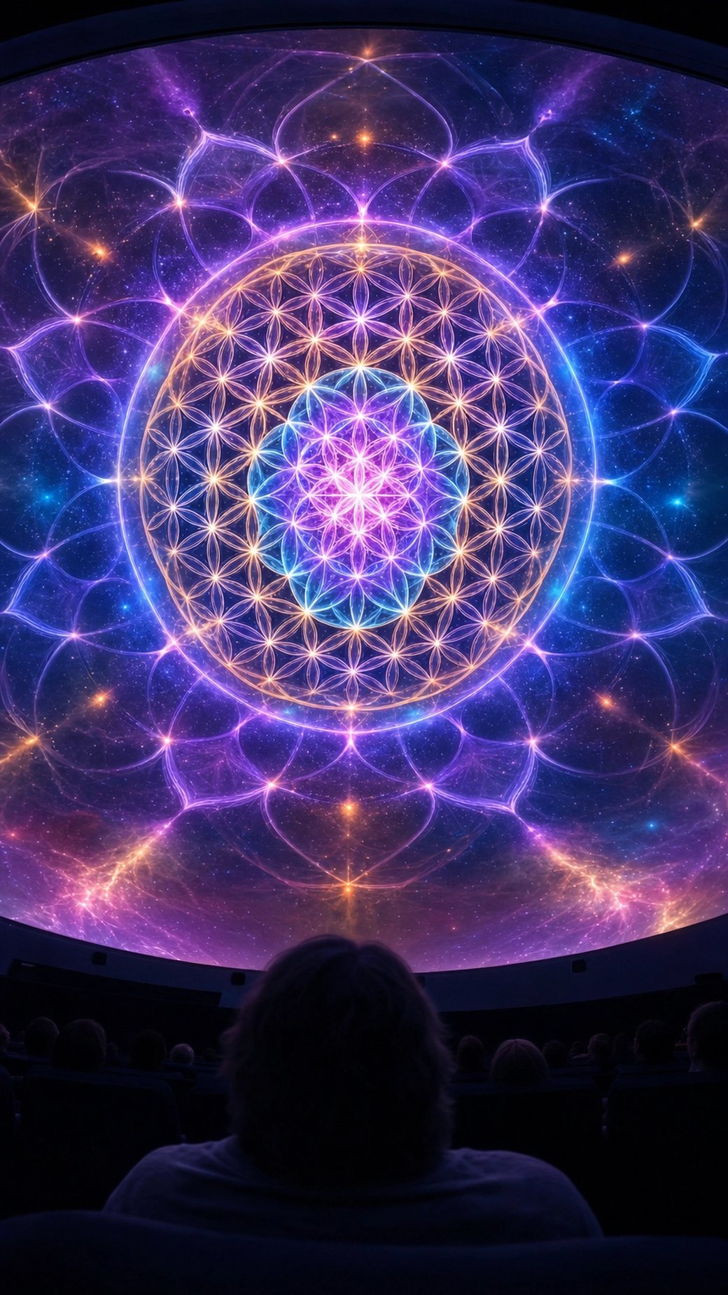 Inside the dome — a glowing sacred-geometry mandala of light filling the 360° ceiling above reclined guests
